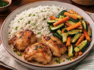Sobrecoxa assada, arroz e legumes - aprox 280gr.