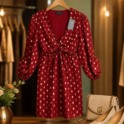 Vestido bordô c/ poa dourado-G