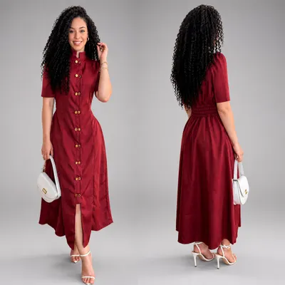 Vestido Midi Vinho Com Botões Em Alfaiataria 