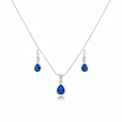 CONJUNTO GOTA CRAVAÇÃO INGLESA NA ZIRCONIA AZUL PRATA 925 45 CM