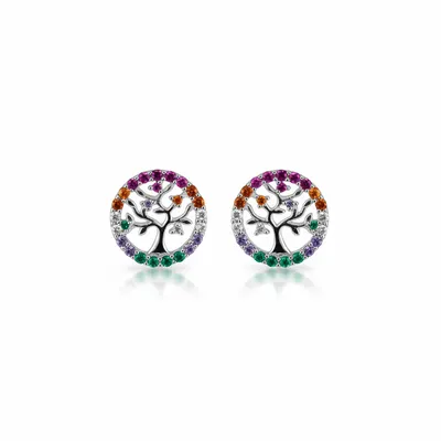 BRINCO ARVORE DA VIDA NA MICRO ZIRCONIA COLORIDA EM PRATA 925