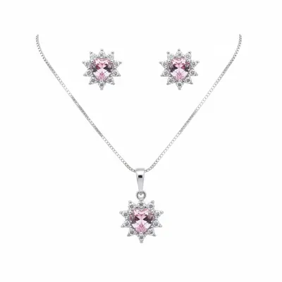 Conjunto coração na micro zircônia rosa e cristal