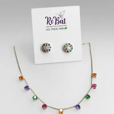 CONJUNTO CHOKER PONTOS LUZ ZIRCONIA COLORIDA