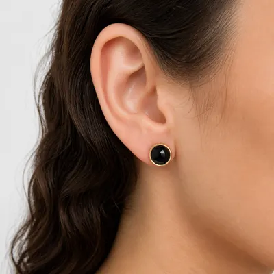 BRINCO REDONDO COM PEDRA NATURAL CABOCHÃO ÁGATA PRETA