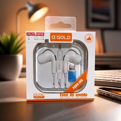 Fone de Ouvido com Fio Original A'Gold FN-A78L Conector Lightning (Apple) com Microfone e Controle de Volume - Som Stereo HD