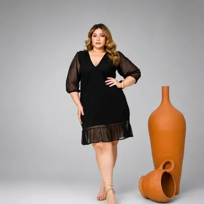 Vestido Tule/Suede Plus Size