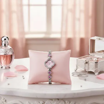 Relógio feminino pulseira rosa com pedras