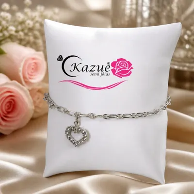 PULSEIRA CORAÇÃO STRASS VAZADO RODIO BRANCO