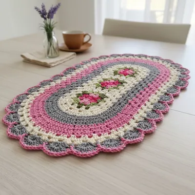 Tapete de crochê floral decorativo-70x44cm