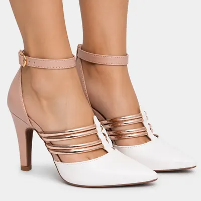 SCARPIN  BRANCO COM  ROSÊ E OURO 