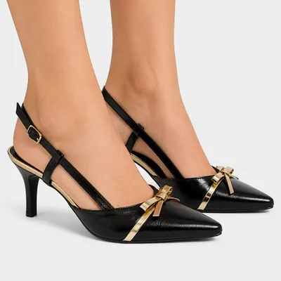 Scarpin Slingback Preto com Laço Dourado - Torricella