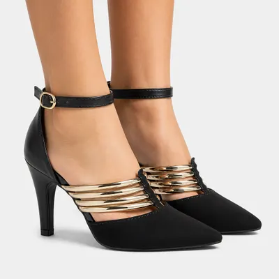 Scarpin Salto Alto Preto com Tiras Douradas - Torricella 9cm