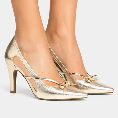 Scarpin Dourado com Laço e Salto Fino Torricella