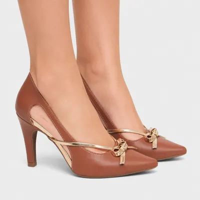 Scarpin Torricella Caramelo com Laço Ouro Light - Salto 9cm