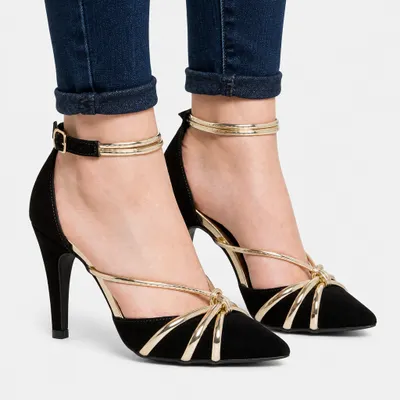 Scarpin Feminino Slingback Preto com Tiras Douradas 