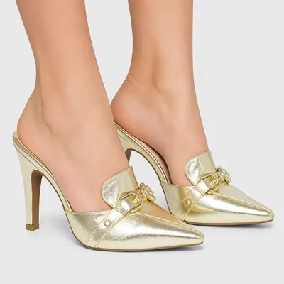 Scarpin Mule Dourado Ouro Light Salto Alto 9cm com Fivela - Torricella