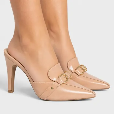 Scarpin Mule Rose Nude Salto Alto 9cm com Fivela Dourada - Torricella Confort