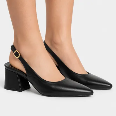 Scarpin Slingback Preto Salto Bloco Grosso Confortável Bico Fino - Torricella