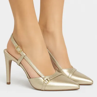 Scarpin Slingback Napa Dourado Champagne com Fivela Dourada