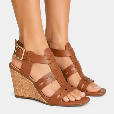 Sandália Plataforma Anabela Napa Caramelo