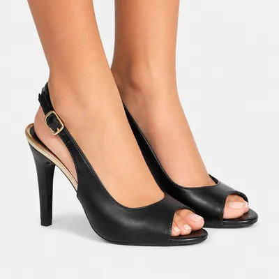 Sandália Peep Toe Slingback Napa Preto & Ouro Light