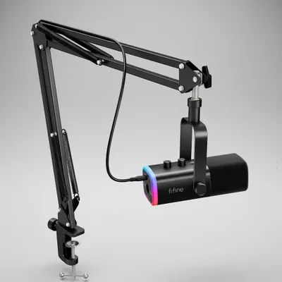 Microfone Gamer FIFINE AM8T, Dinâmico, XLR/USB, RGB, com Braço Articulado, Preto