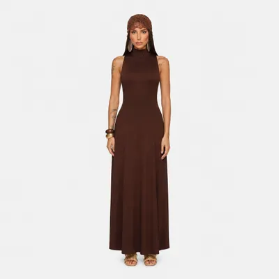Vestido Satin Marrom Halterneck