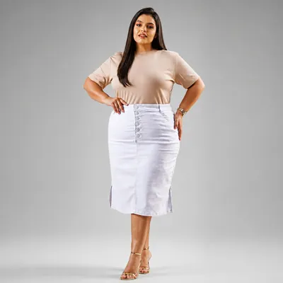 Saia Brim com Elastano Midi Botões Frente 
