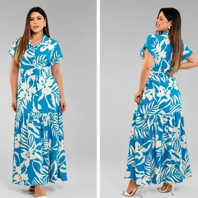 Vestido Longo Estampado Azul Tropical