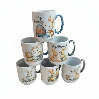 kit 6 canecas 150 ml detalhes de páscoa,porcelana forte vai micro ondas e forno