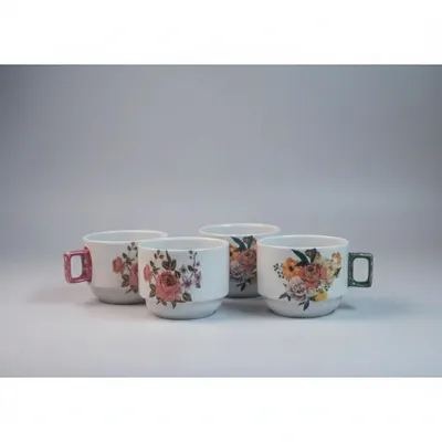 KIT 6 XICARAS EMPILHAVEIS DECORAÇÃO FLORES VARIADAS,PORCELANA VAI AO FORNO E MICRONDAS