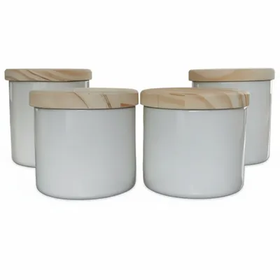 KIT 4 POTES COM TAMPA DE MADEIRA,PORCELANA VAI MAO FORNO E MICRO ONDAS