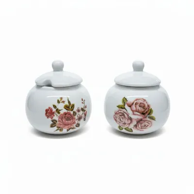 Kit 2 açucareiro redondo decorado flores300 gramas ,porcelana vai ao forno e micro-ondas 