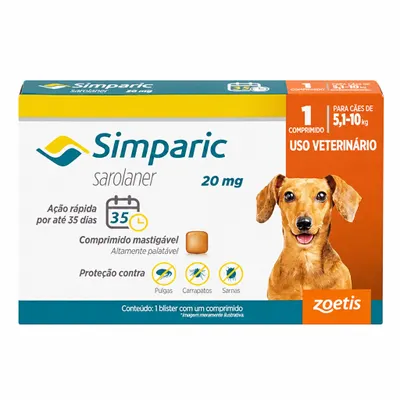 Simparic Sarolaner Antipulgas e Carrapatos para Cães de 5 kg a 10 kg (1 comprimido mastigável)