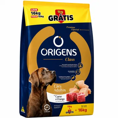 Origens Class Cães Adultos Carne e Frango 16kg (Leve 16kg Pague 15kg) 