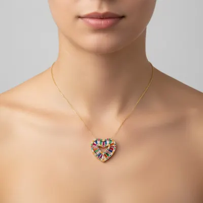 Colar Coração Cravejado Multicolorido