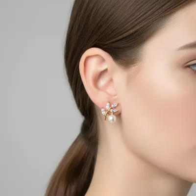 Brinco Ouro folha com Cristais e Pérola