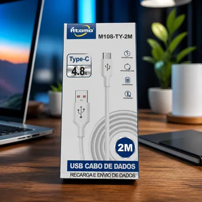 Cabo USB Type-C 2 Metros – Carregamento Rápido 4.8A e Transferência de Dados