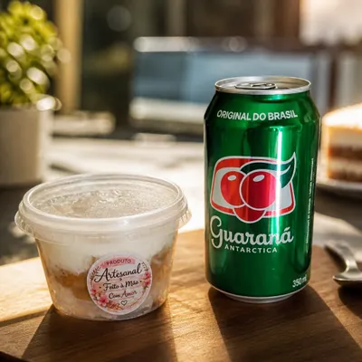 Guaraná Antarctica 350ml com um delicioso bolo no pote com doce de leite e ameixas
