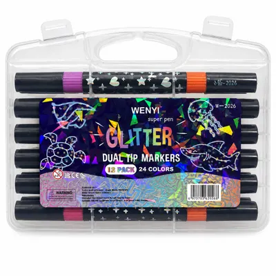 Conjunto de Marcadores Glitter 12 canetas com 24 cores pois são pontas duplas 