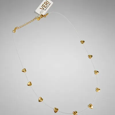 Colar Fio de Nylon com corações banho ouro e coeente de ouro