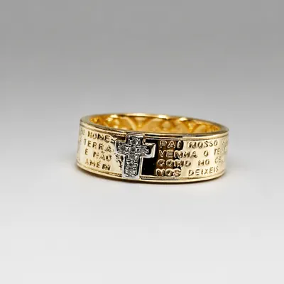 Anel Pai Nosso/Crucifixo dourado e prata/Zirconia 