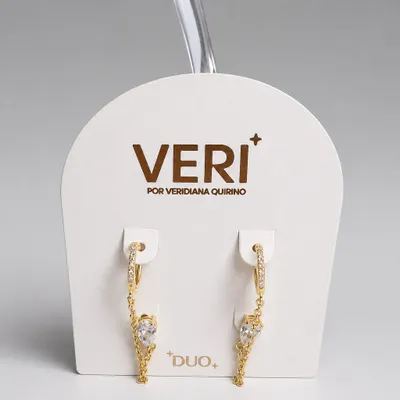Brinco Duo Ear Line Argola e coração Pedra Branca Banho Ouro