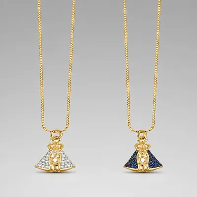 Colar Dourado Nossa Senhora Aparecida 2 Lados/Branco/Azul