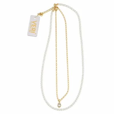 Colar Duplo Corrente Ouro/Colar Pérolas 