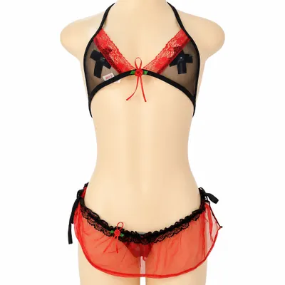 Conjunto Lingerie Sexy em Tule e Renda Vermelho e Preto