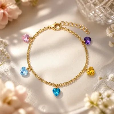 Pulseira Corações Coloridos Banhada a Ouro 18K