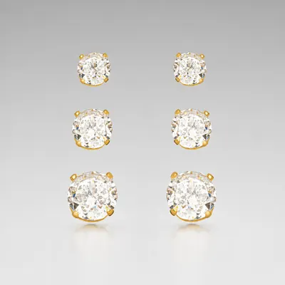 Trio de Brincos Ponto de Luz Cristal Banhado a Ouro 18K