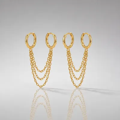 Brinco Argolas Duplas com Correntes Banhado a Ouro 18K