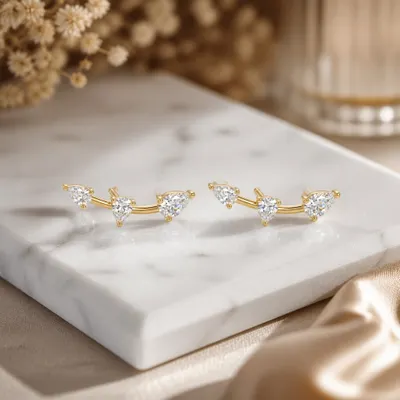 Brinco Ear Cuff Coração Gotas Cristais Banhado a Ouro 18K